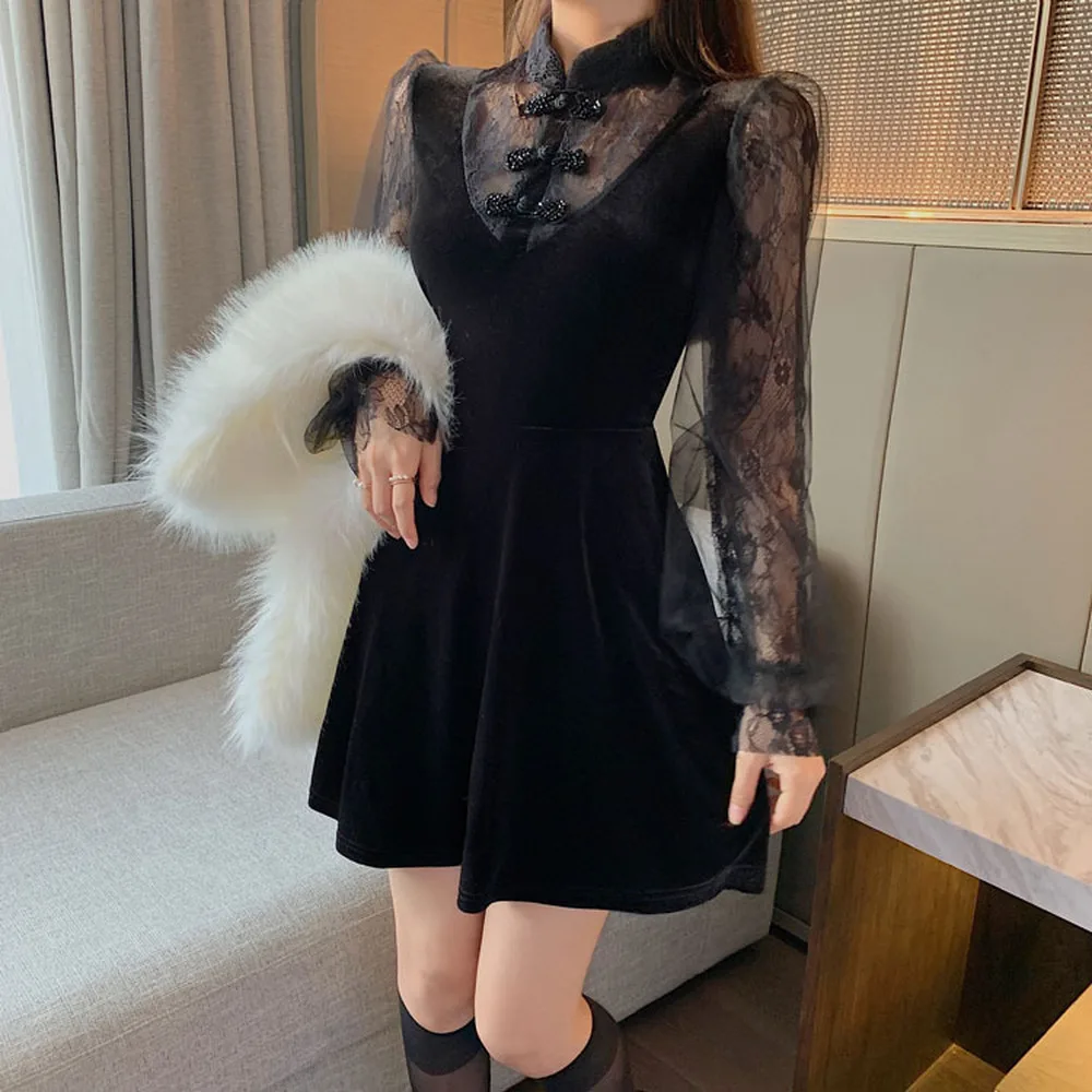 

New Vintage Punk Gothic Retro Spring Women Dress Improved Girl Qipao Waist Velvet Dress Office Lady Sheath Zippers Polyester