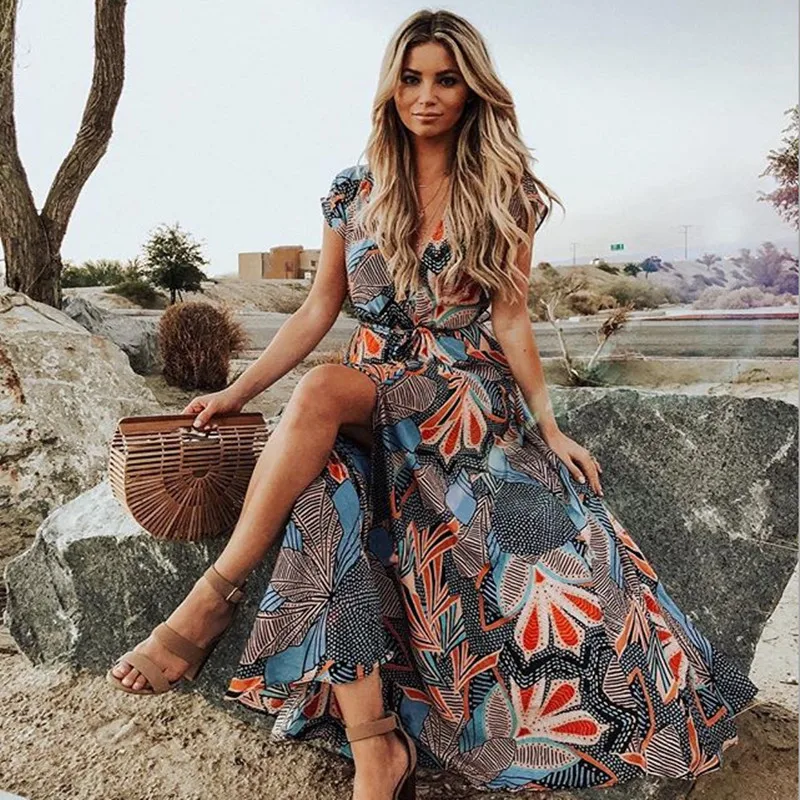Женское богемное платье с цветочным принтом Элегантное повседневное Макси v