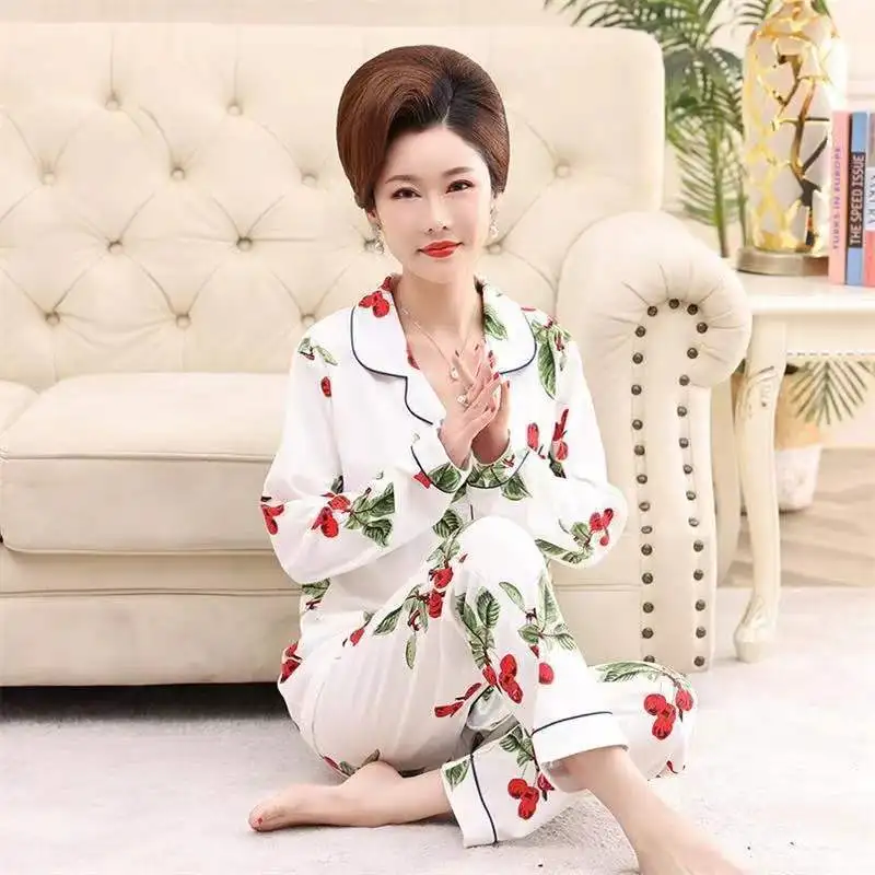 Women Pajama Set Spring Autumn 100% Cotton Long-Sleeved Trousers Two-Piece Home Clothes Mom Pyjamas Suits