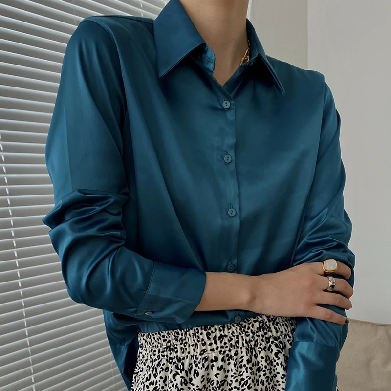 

TWOTWINSTYLE Silk Luster Blouses For Female Lapel Collar Long Sleeve Loose Solid Color Women's Casual Shirt Fashion Summerwear