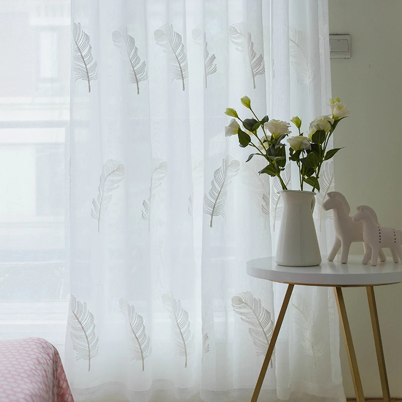 Белые вышитые прозрачные Занавески для гостиной окна элегантные с перьями