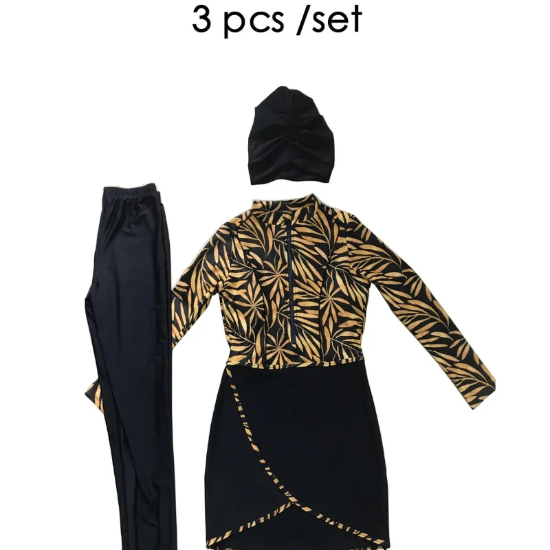 

Muslim Swimwear Women Modest Patchwork Hijab Long Sleeves Sport Swimsuit 3pcs Islamic Burkinis Wear Bathing Suit