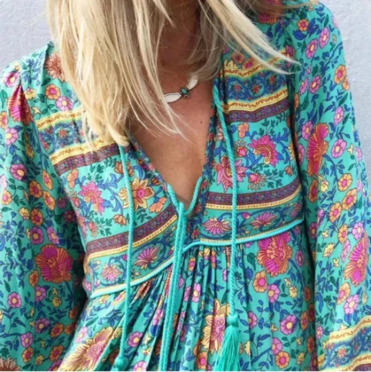 

2020 Autumn Maxi Dresses for Women Vintage V Neck Tassel Long Sleeve Loose Party Dress Summer Boho Dress Vestido De Mujer