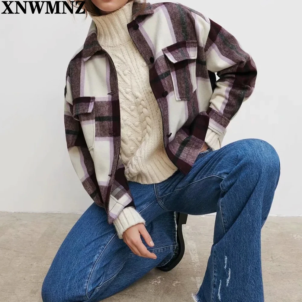 

Check Overshirt Vintage Stylish Pockets Oversized Plaid Jacket Coat Women 2021 Fashion Lapel Collar Long Sleeve Loose Chic Tops