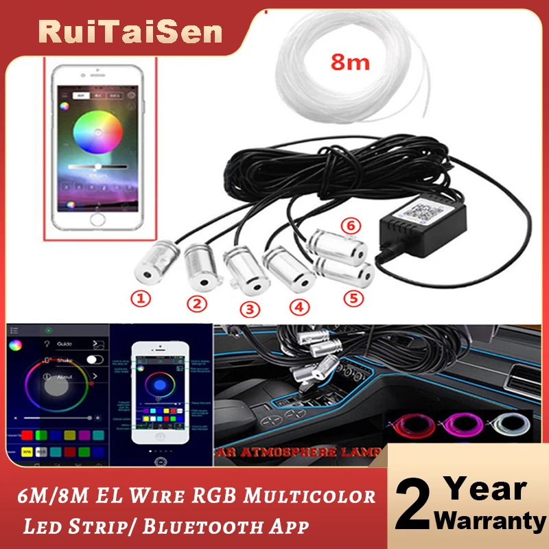 

6 м/8 м EL провода RGB многоцветный Светодиодные ленты bluetooth APP Управление интерьера автомобиля светильник неоновая атмосфера полосы лампа с бл...