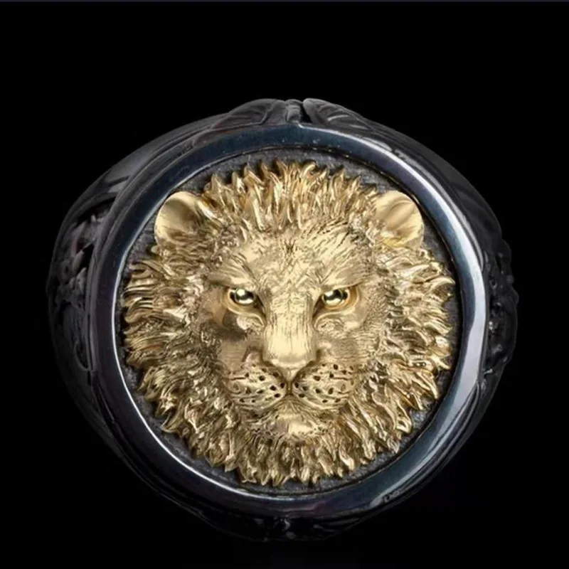 POFUNUO большая золотая голова льва мужское черное кольцо двухцветные роскошные