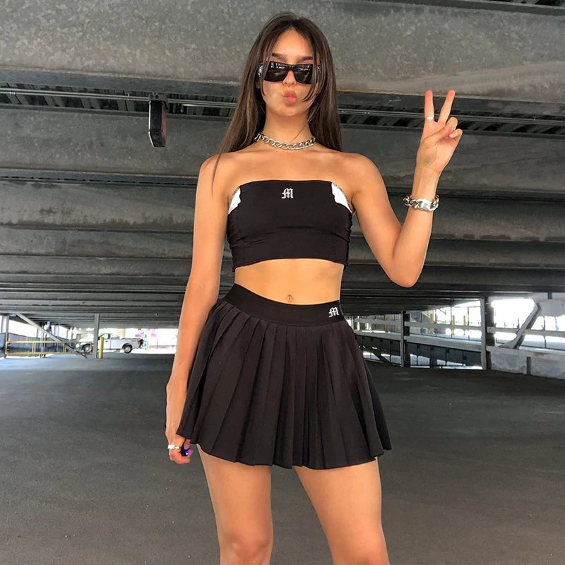 

HEYounGIRL Casual White Mini Pleated Skirts Shorts Letter Print High Waisted Short Skirt Korean Preppy Style Summer Dance 2020