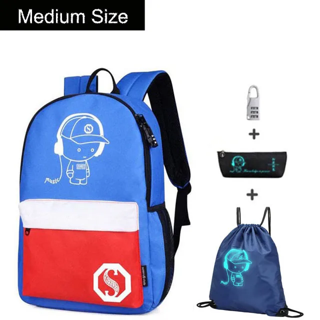 blue medium size Анти-Вор светящийся студенческий школьный рюкзак Водонепроницаемый Школьный рюкзак для мальчиков и девочек Многофункциональный usb зарядный порт сумка для книг - Цвет: blue medium size