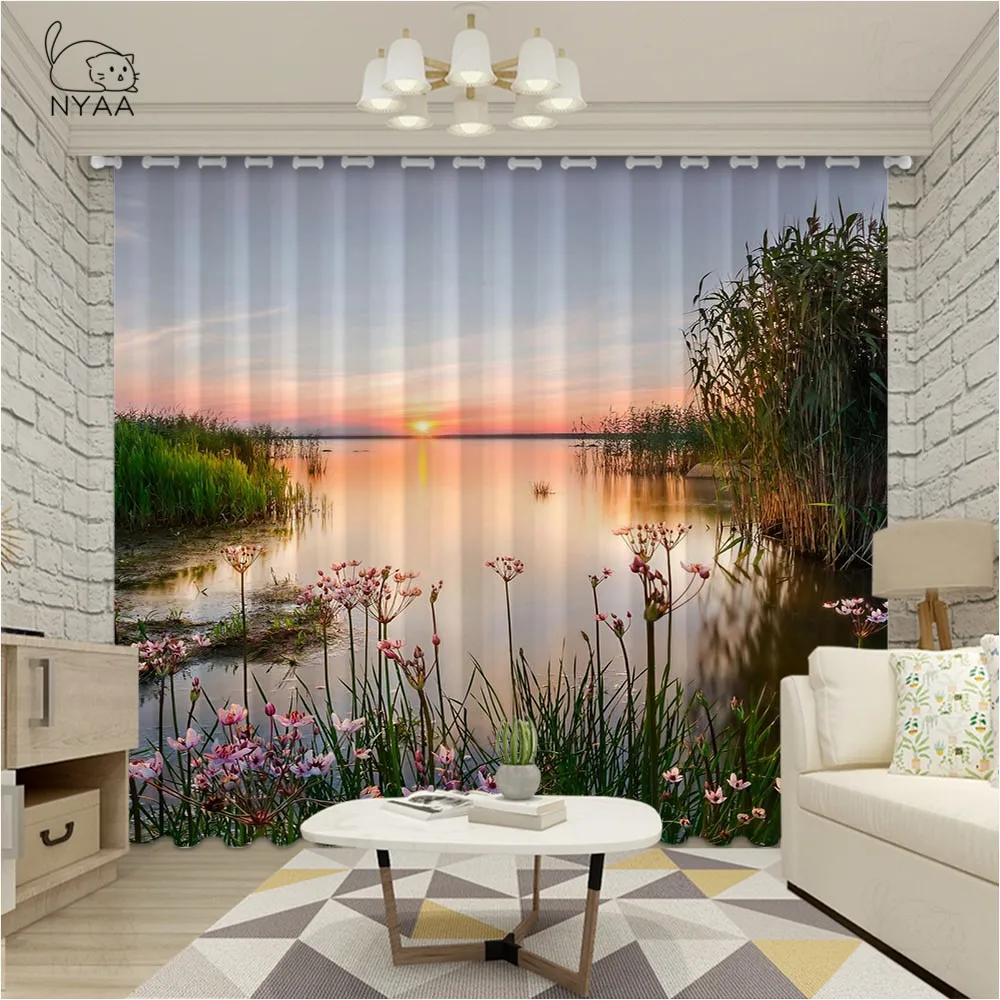 

Landscape Window Curtains Chudskoy Lake Scenery View In Nature With Flowers Leaves Artwork Living Room Bedroom Micro-Shading