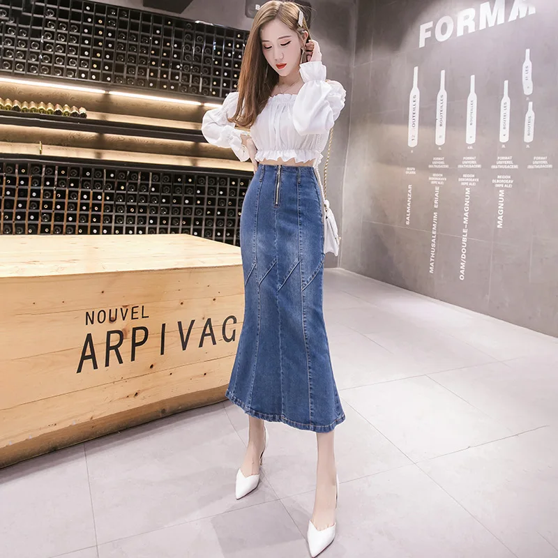 Женская джинсовая юбка весна-осень большой размер средняя длина высокая талия