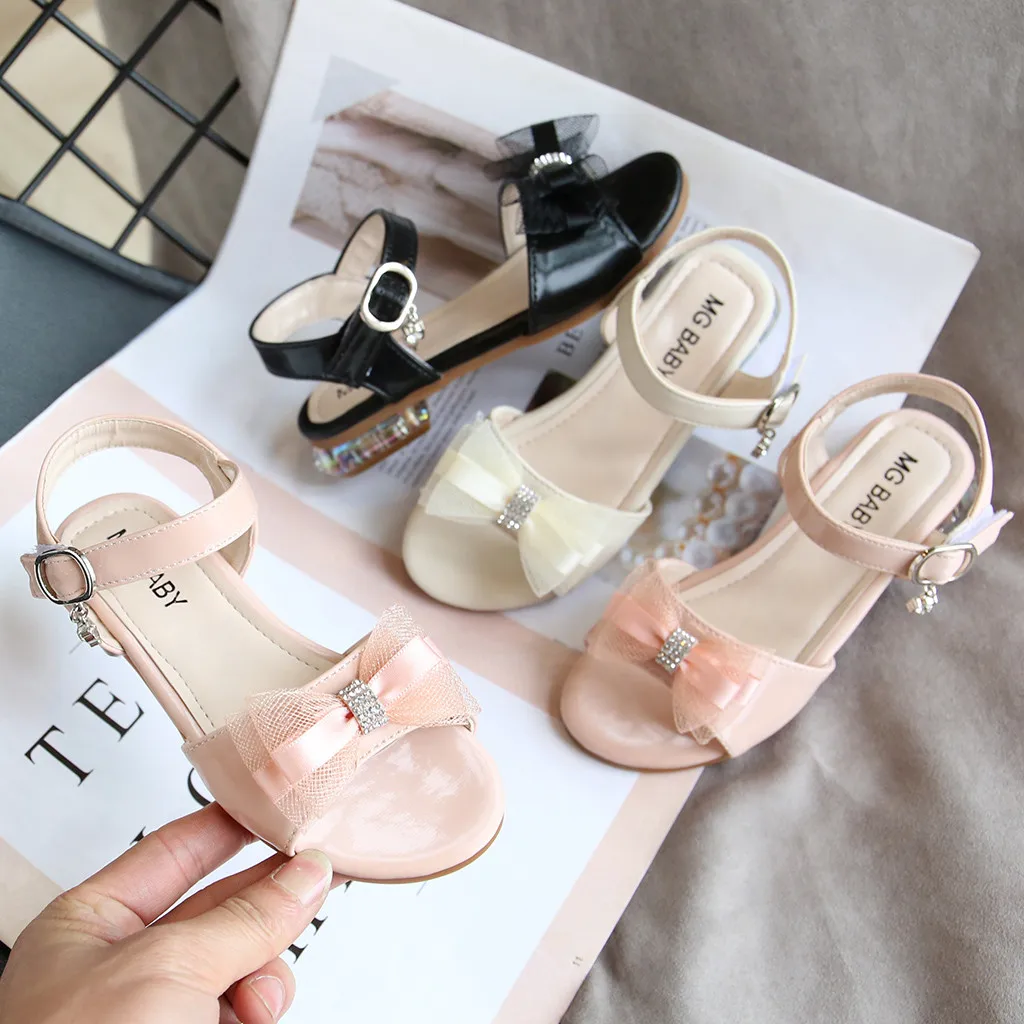 Детские сандалии с открытым носком черные бантом для девочек обувь принцессы и