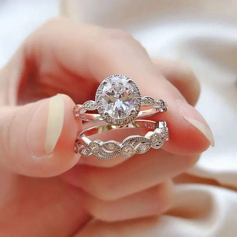 

Shipei Luxury 100% 925 Sterling Silver Oval Cut Created Moissanite Gemstone Wedding Engagement Romantic Ring Set Fine Jewelry