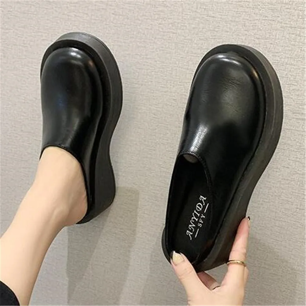 

Women's Summer Half Slippers Fashion Sofe Leather Shoes Ladies Wedges Mules BaoTou No Heel Woman Thick Sole Japanese Style Shoes