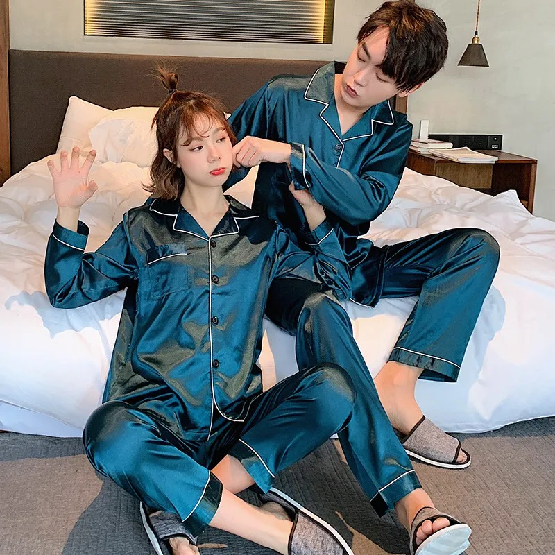 Champagne Couple Silk Satin Pajamas Pyjamas Set Long Sleeve Sleepwear Pijama Pajamas Suit Women And Man Sleep 2PC Set Loungewear