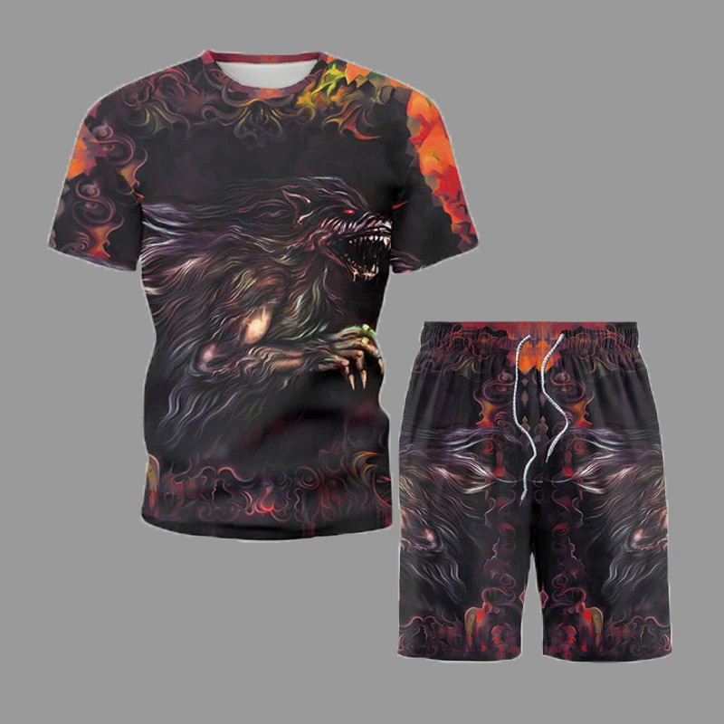 2021 New Trendy Clothing Men Sets Chinese Style Summer Short Sleeve Shorts Suit Ancient Wolf Printed Casual Unisex Tracksuit