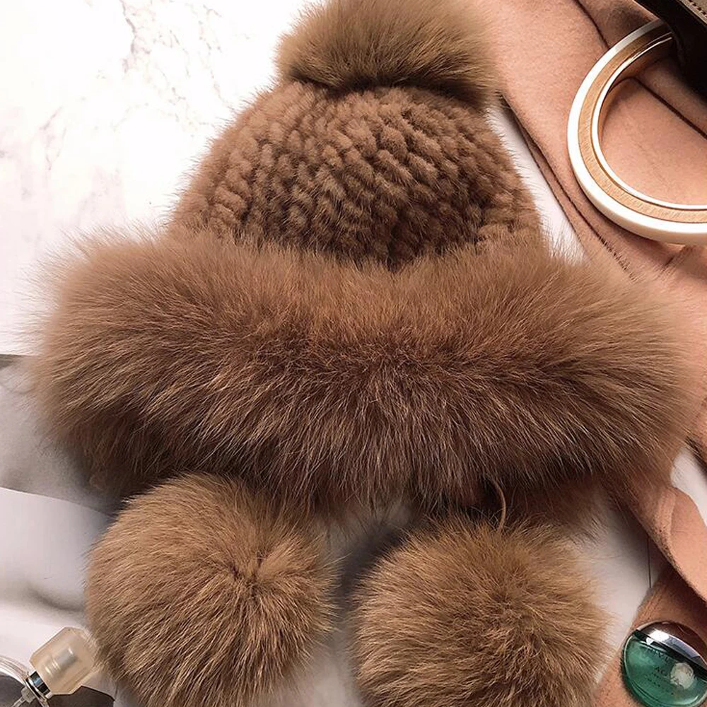 Лидер продаж Зимняя женская вязаная натуральная помпоны из лисьего меха шапка