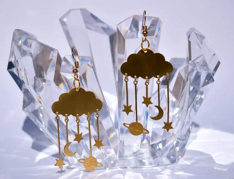 

Celestial Earrings Dangling Planet Moon Star Cloud Metal Earrings - Handmade Laser Cut