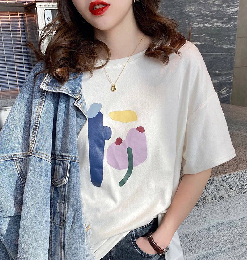 

White short-sleeved women's t-shirt summer ins tide loose Korean version of the top net red wild Western casual women's top