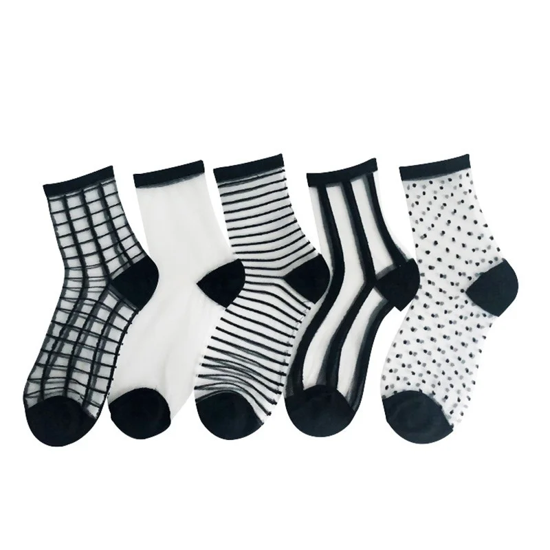 

Spring and Summer Thin Glass Fiber Transparent Fashion Ladies Lattice Crystal Sexy Tube Socks Cute Black and White College Style