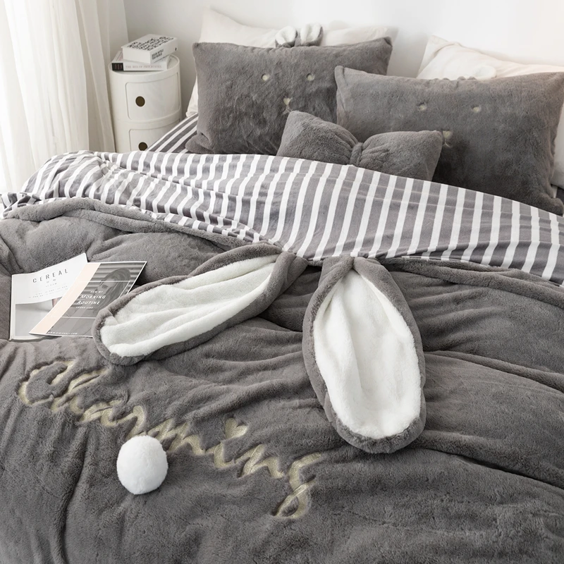 Зимние Бархатные постельные принадлежности с серыми заячьими ушками набор