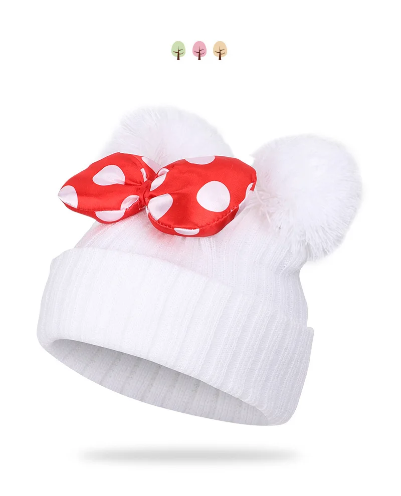 Зимняя детская Шапка-бини Skullies, вязаная шапка с Минни и бантом, Шапка-бини для маленьких мальчиков и девочек, Теплая двойная шапка с помпоном, Z109