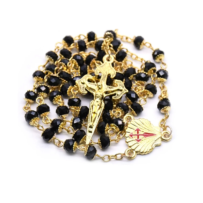 QIGO Santiago Cross Rosary Necklace Gold Black Crystal Catholic Religious Jewelry | Украшения и аксессуары