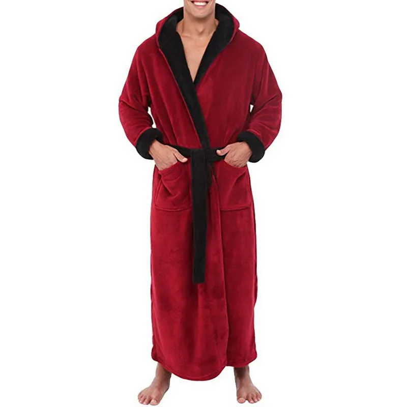 

11.11 Big Sale Men Flannel Hooded Thick Casual Winter Autumn Long Kimono Robe Warm Home Sleepwear Pajama Nightgown