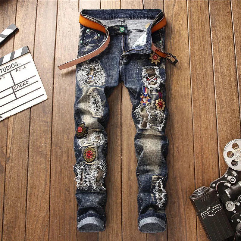 

AUTUMN Winter Men's Patchwork Ripped Embroidered Stretch Jeans Trendy Holes Straight Denim Trouers Stretch Biker Jeans For Men