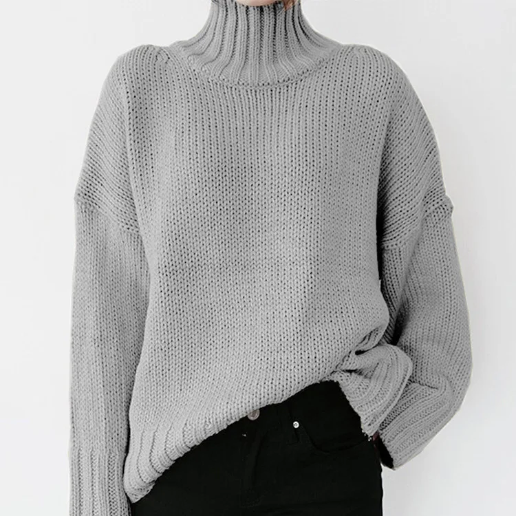 

Fall and winter new style plus size loose and comfortable women's high neck long sleeve solid color knitted pullover sweater