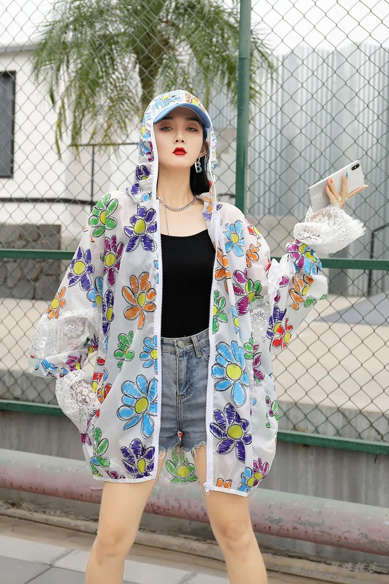 

QING MO 2021 Fashion Sun Protection Coat Women Floral Printed Coat Loose Hooded Jacket Long Sleeve Sunscreen Coat ZQY6929