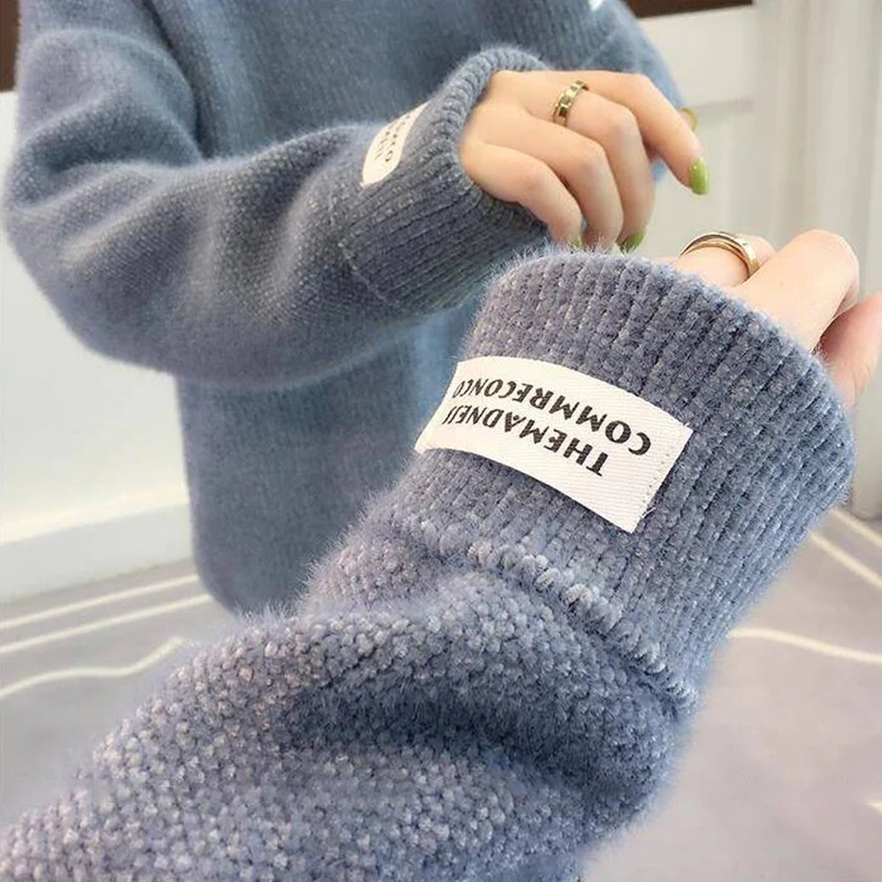 Knitted Warm Sweater Female For Autumn winter 2020 Ladies Long Sleeve Women Turtleneck Tricot Pullover Blue Jumper | Женская одежда