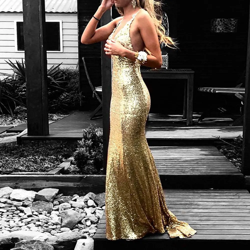 

Spaghetti strap Party Gowns Mermaid / Trumpet Sweep/Brush Evening Dresses Paillette / Sequin Sleeveless Open back Party Dresses