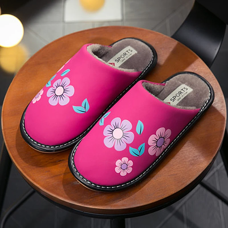 Зимние новые теплые домашние тапочки с цветочным принтом женская напольная