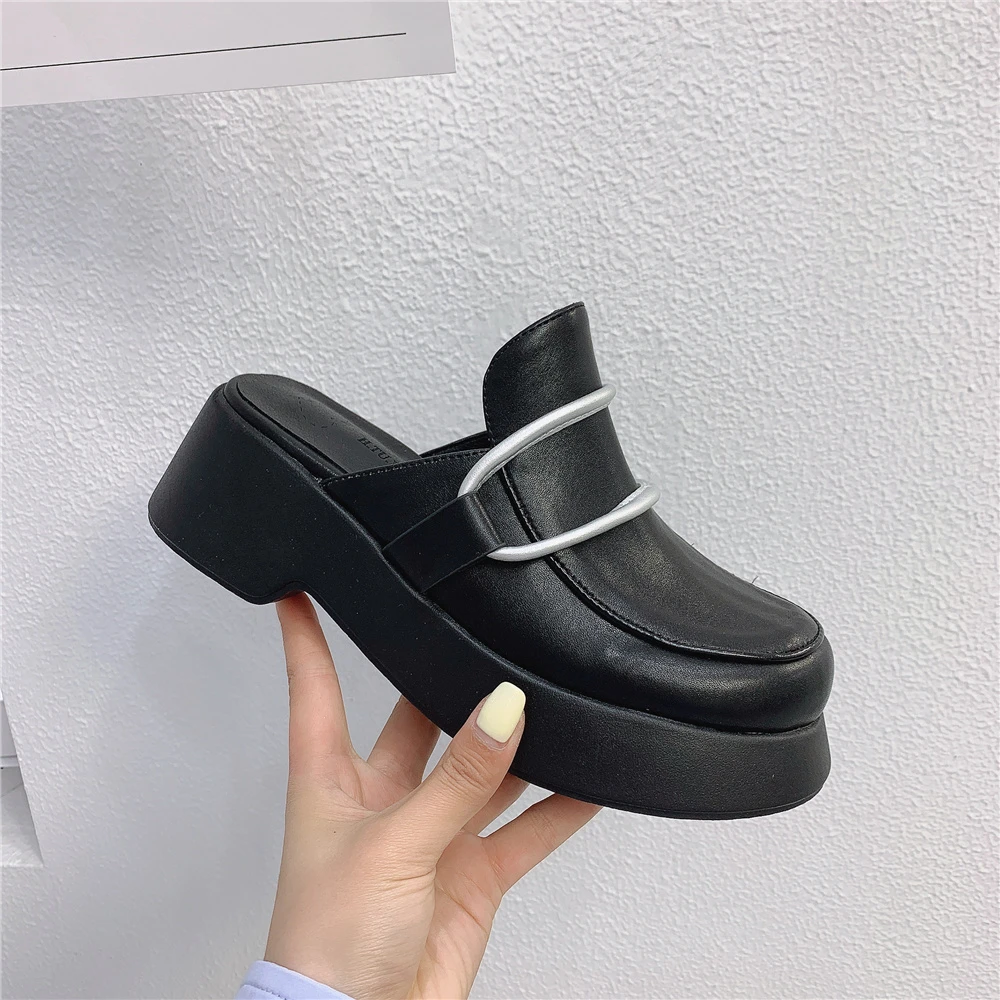 

FANAN 2021 New Brand Women Mules Round High Wedges Heel Slipper Shoes Slip on Round Causal Platform Shoes Ladies Sandal Slid