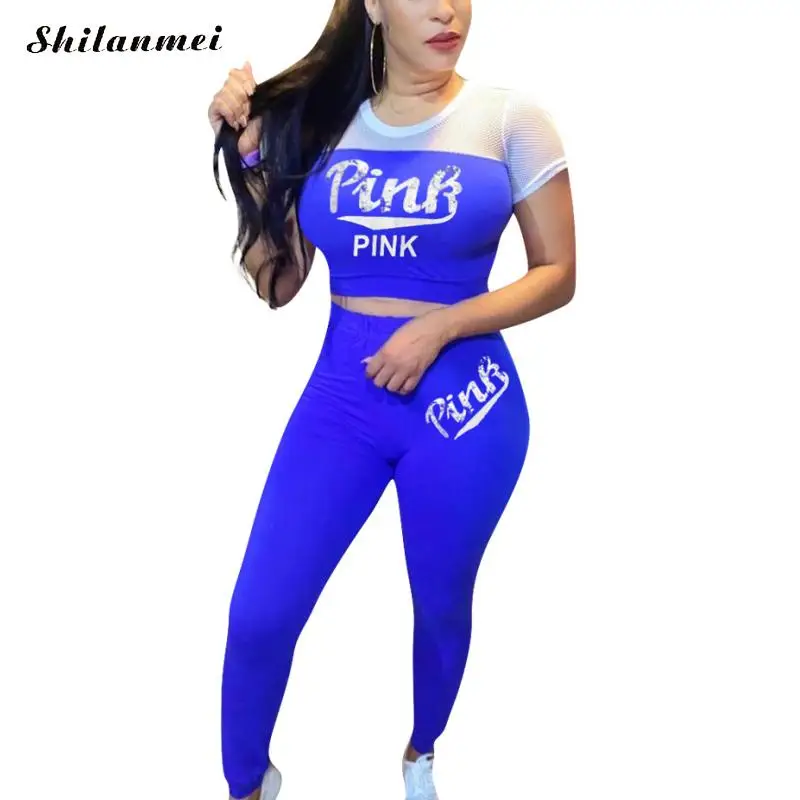 

Женский сетчатый спортивный костюм с принтом Pink Letter, комплект из 2 предметов, укороченный полый топ, облегающие леггинсы и брюки, повседневн...