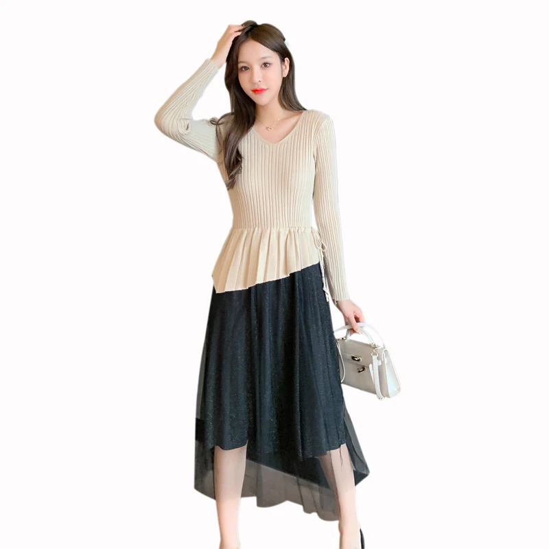 

New Elegant Women Autumn Winter knitted v-neck slim tunic dress bottoming lace dress