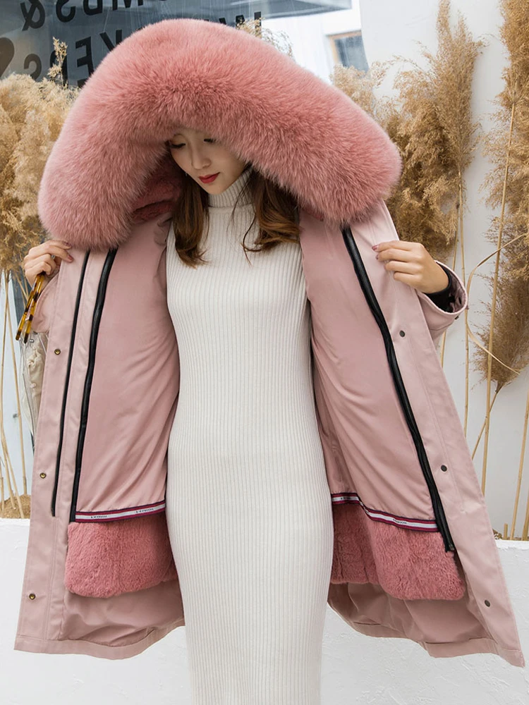 Модное женское длинное пальто с капюшоном и подкладкой из кроличьего меха парки