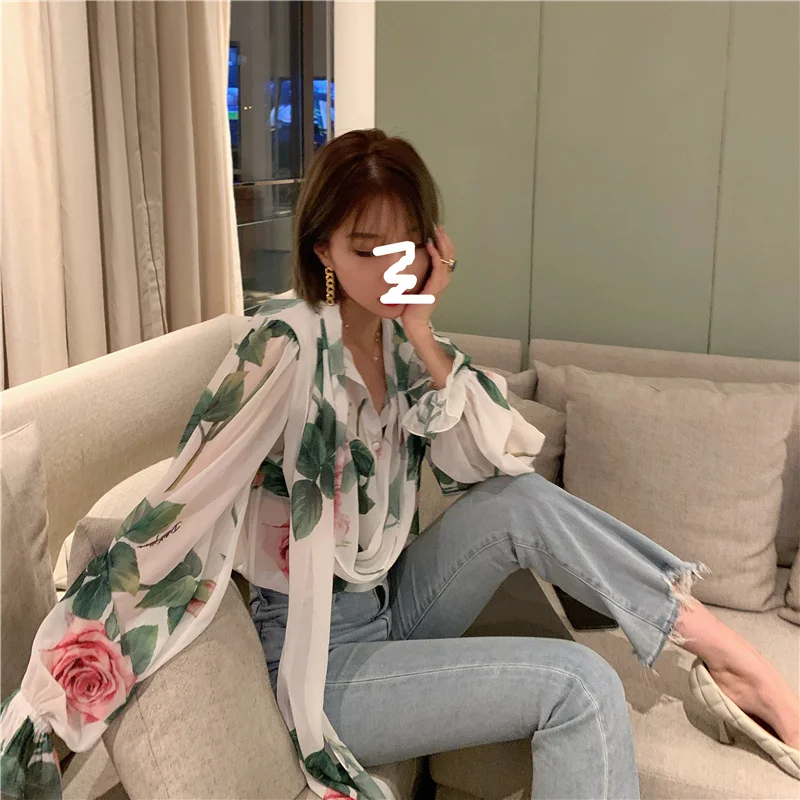 

Zanzea Shein Plus Size Full Butterfly Sleeve Women's Shirt 2020 New Rose Print Bow Design Chiffon Top Women