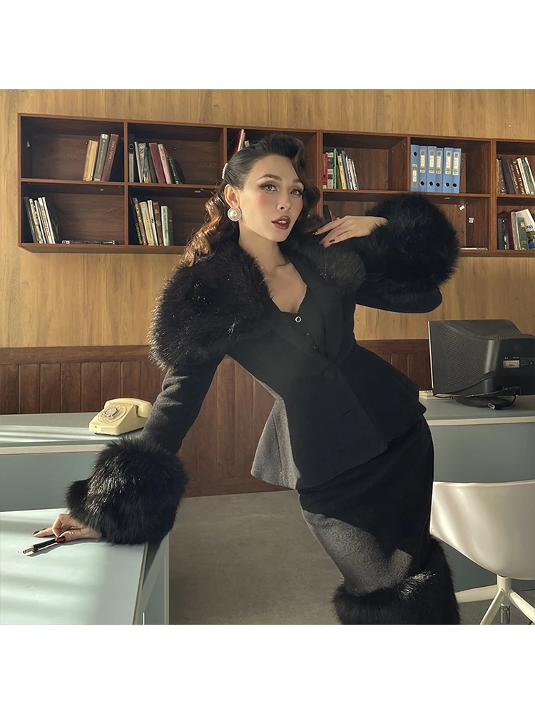 Le Palais Vintage 2021 Original Spring New Black Luxury Big Fur Collect Waist Coat Pencil Skirt Fashion Casual 2 Piece Set Women
