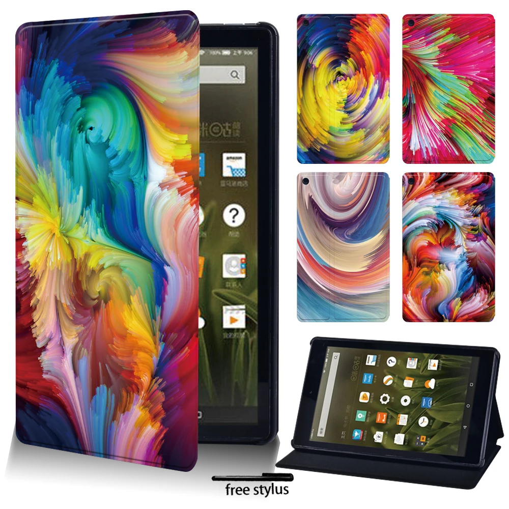 

PU Leather Foldable Tablet Stand Case for Amazon Fire 7/ HD 8 / 10 Watercolor Print Series Pattern