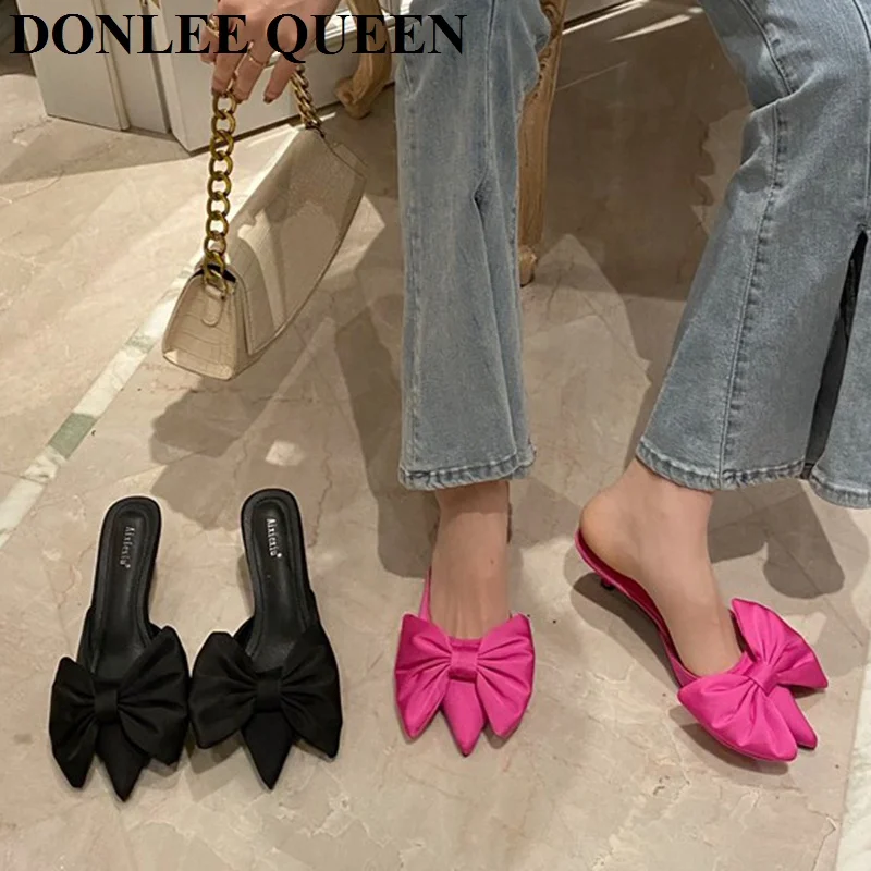 

New Women Slippers Silk Bowtie Female Mules Fashion Low Heels Pointed Toe Slides Elegant Ladies Slipper Flip Flops Summer Sandal