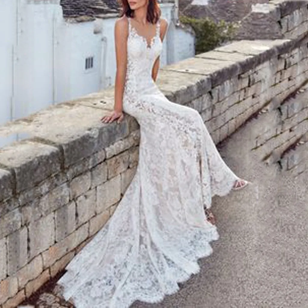 Женское кружевное платье с открытой спиной длинное пляжное V образным вырезом для свадьбы и вечеринки