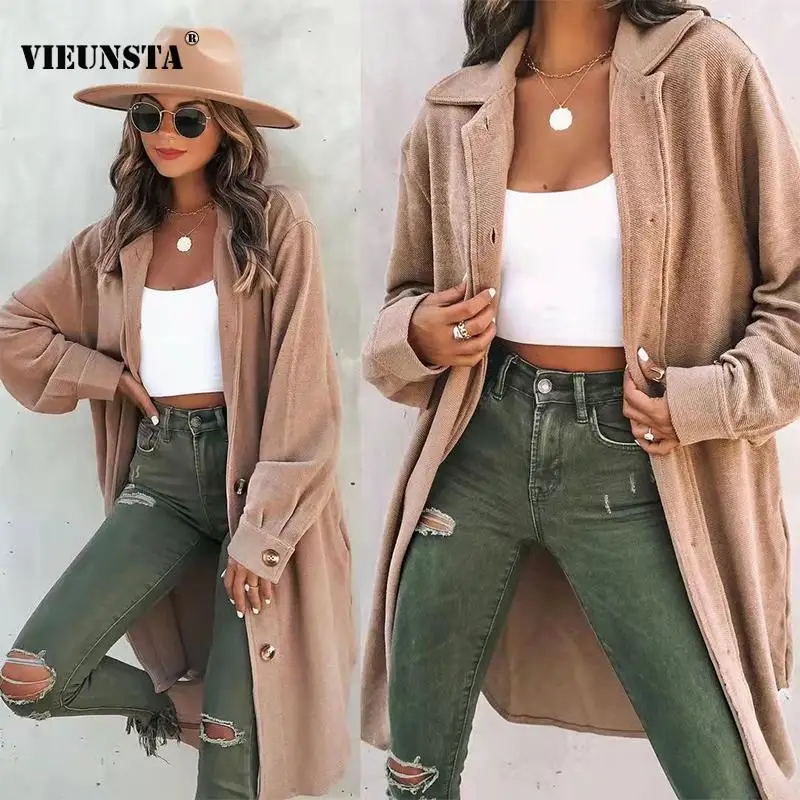 

2022 Spring Solid Color Simple Trench Jacket Coats Women Retro Turn-down Collar Button Long Top Autumn Long Sleeve Loose Outwear