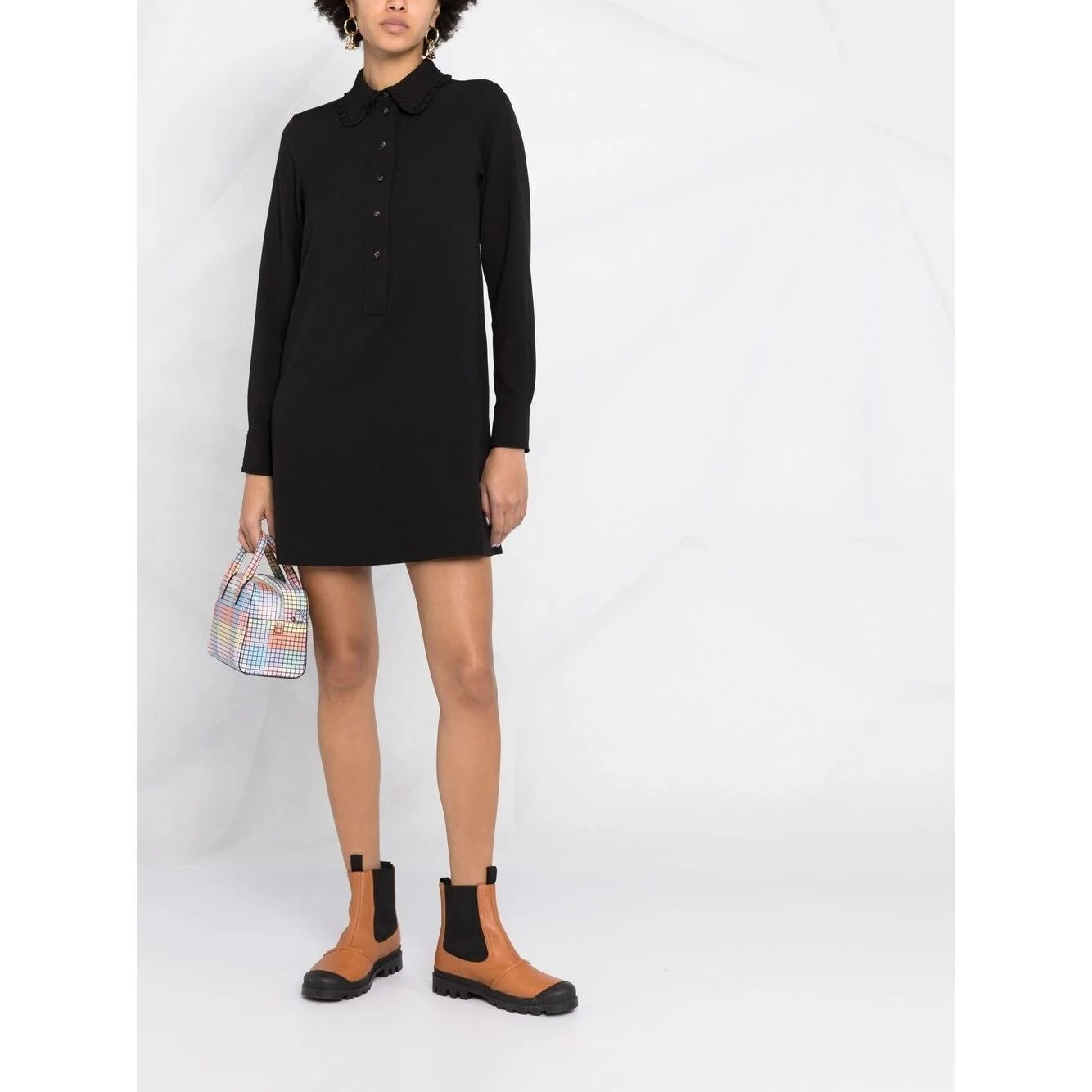 

Frill Trim Peter Pan Collar Women Short Dress Ladies Long Sleeve Black Shirt Dresses Robes With Buttons 2021 Early Spring