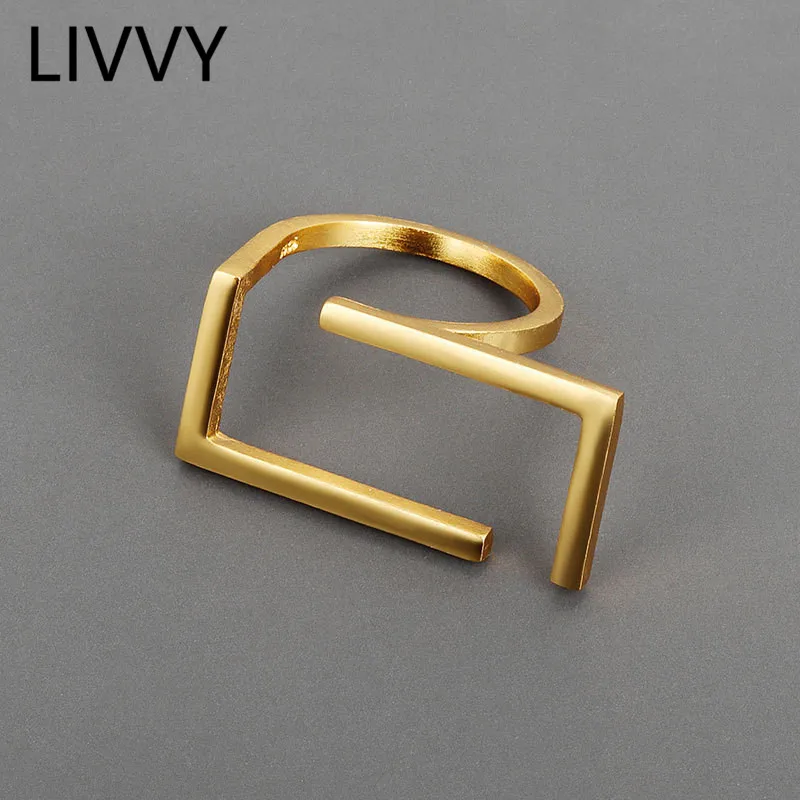LIVVY-anillos de Color plateado para mujer, sortija rectangular hueca Irregular, diseño único,