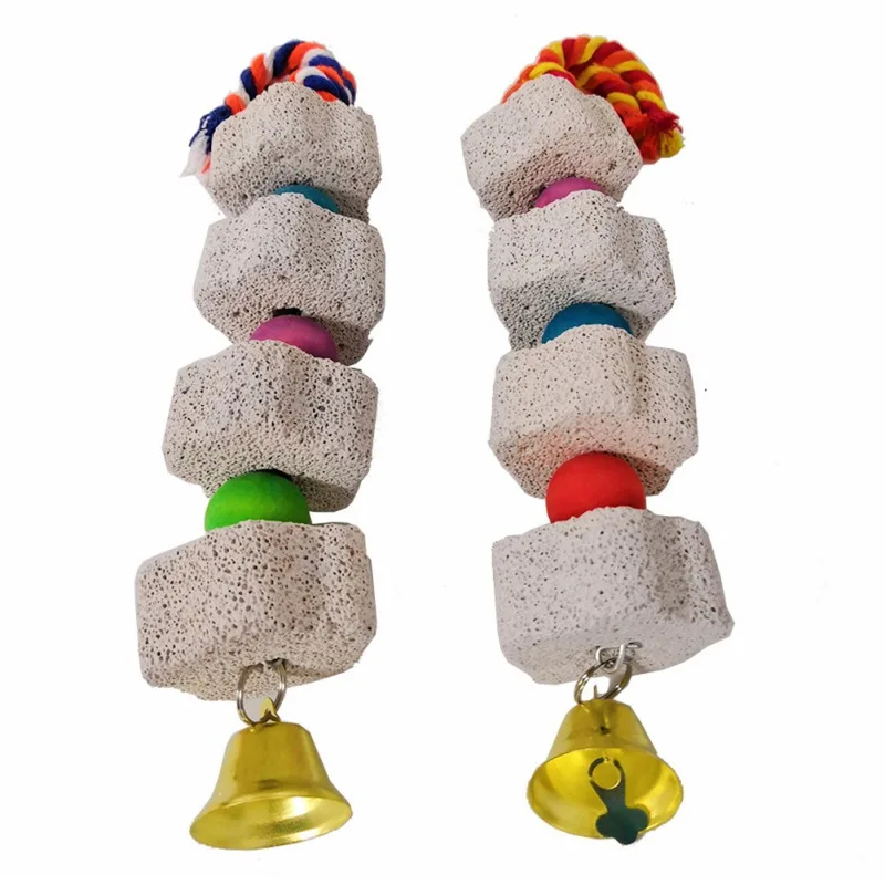 

2Pcs Pet Parrot Chew Toy Lava Stone Hamster My Neighbor Totoro Teeth Health Chewing Stick Molar Pendant With Bell 1