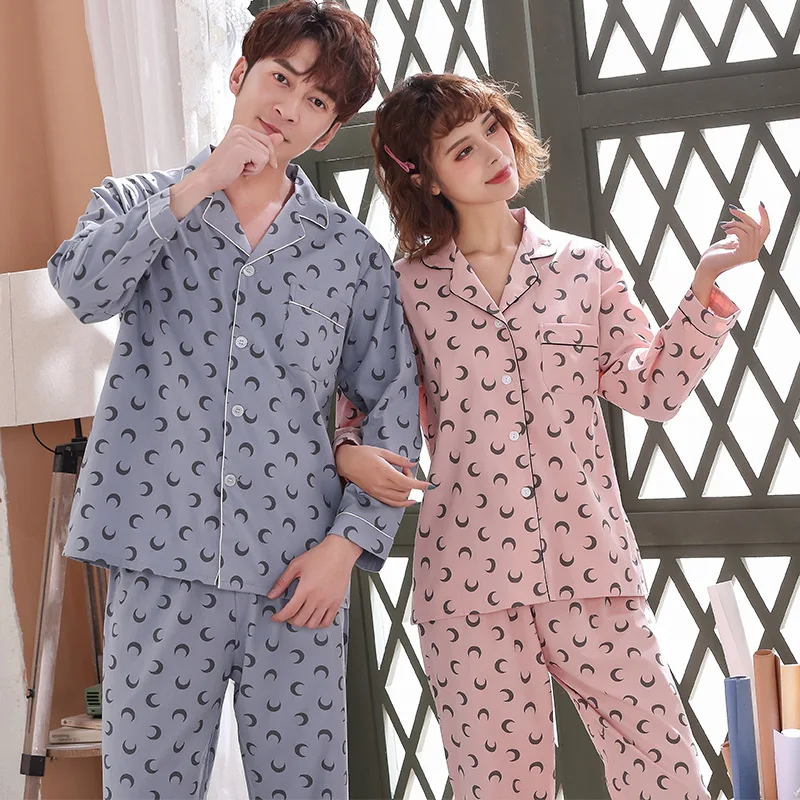 

Hot 100% Cotton Long Sleeve Pajamas 2 Piece Set Fashion Star Moon Men and Women Sleepwear Large Size Casual Plaid Home Costumes