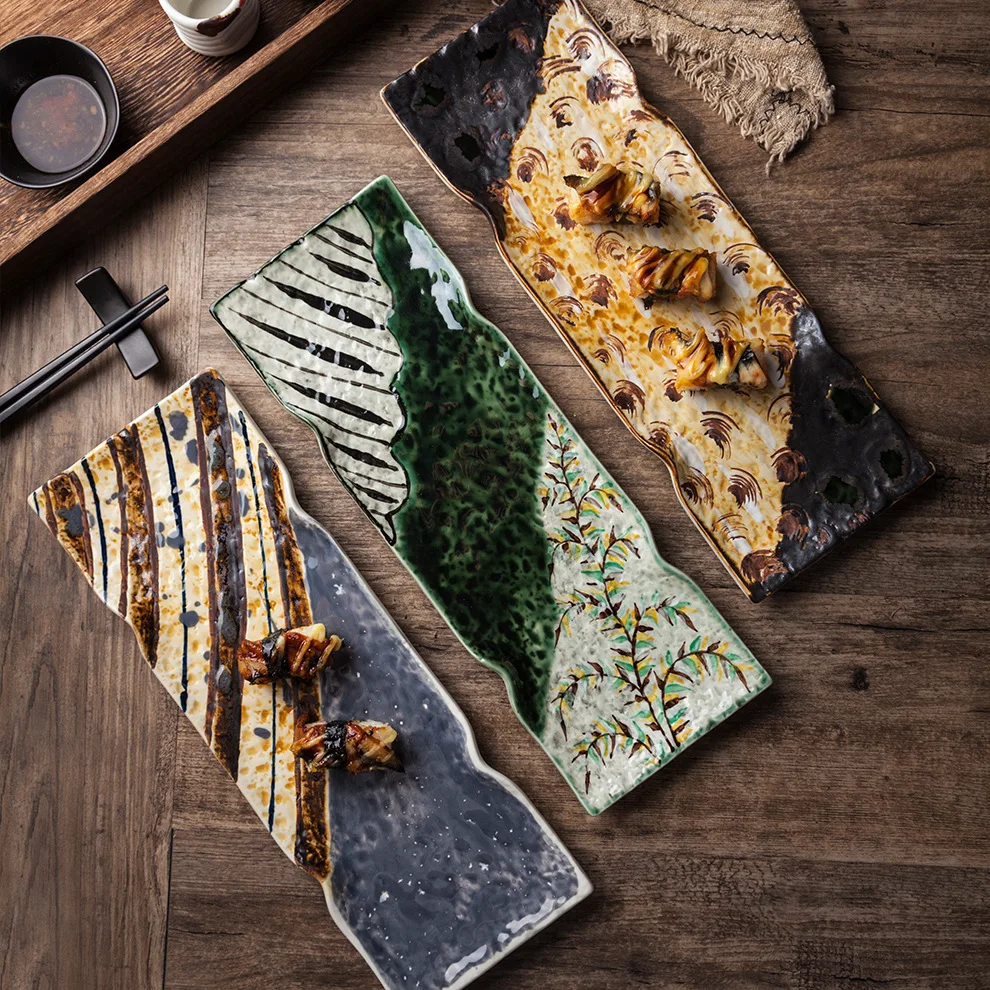 

Японская керамическая десертная тарелка, посуда для ресторана, Ретро керамическая тарелка для суши, лосося, складная тарелка длиной 14 дюймо...