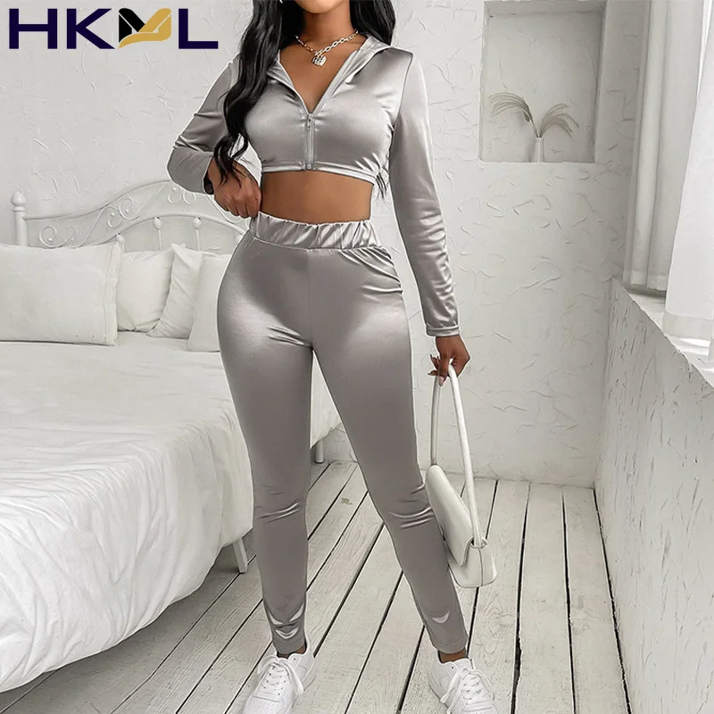 

Fashion PU Crop Top Slim Solid Women's Tracksuit Zippers Long Sleeve Coat Tops And Pencil Pants Ladies Matching Sets 2021 Casual