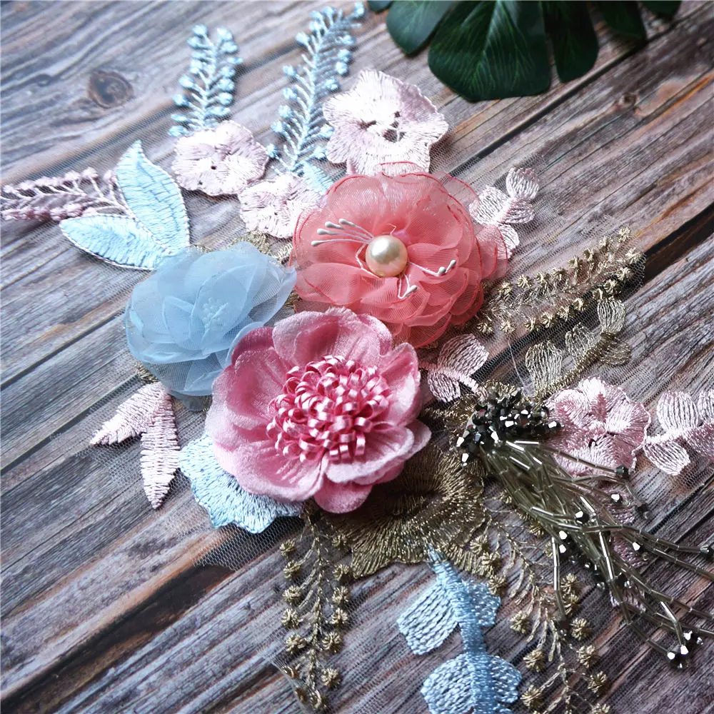 Розовая синяя 3D Цветочная кружевная ткань блестящие бусины бахрома вышитая